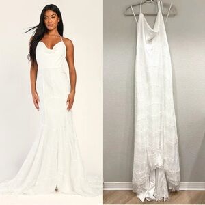 Sz XL NWOT Lulus Most Romantic Moment White Lace Cowl‎ Neck Backless Maxi Dress